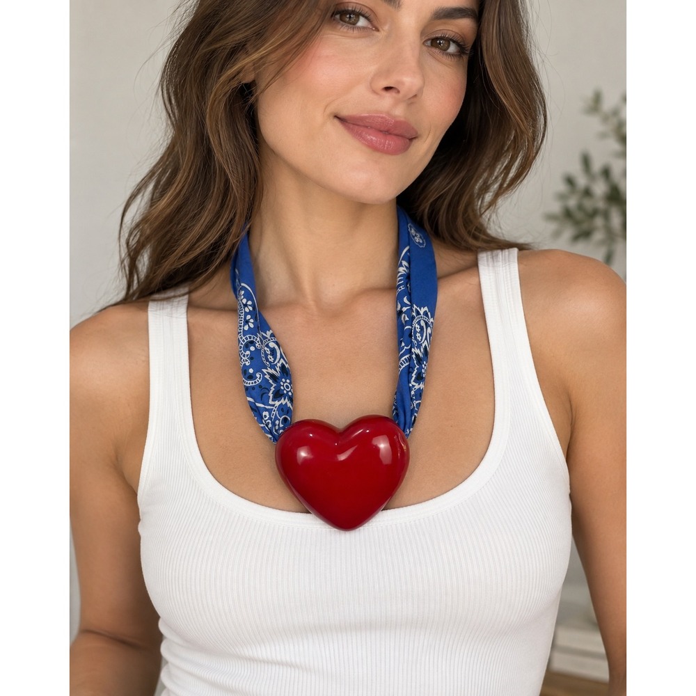 Vintage Statement Necklace Red Blue Heart Pendant Bandana Paisley Ceramic 90s